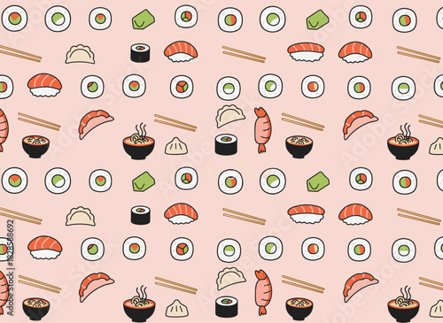 Seamless pattern of Japanese seafood sushi rolls, featuring traditional dishes like nori, temaki, nigiri, and futomaki, in black and white