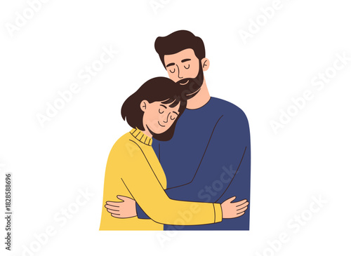 A young woman holds a man in an affectionate embrace, depicting adorable lovers or romantic partners cuddling in a hand‑drawn portrait of a boyfriend and girlfriend, rendered as a realistic vector