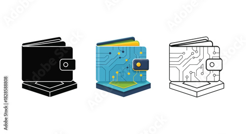 Set of three digital crypto wallet icons in black silhouette, circuit board color, and outline style