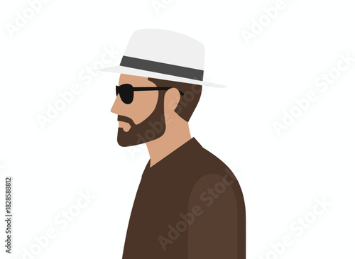 A young male wearing sunglasses and a summer hat, seen in profile with his head turned and a neutral expression, illustrated as a flat vector on a white background