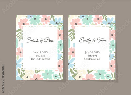 Wedding invitation card designs featuring floral backgrounds, the marriage ceremony and bridal party, engagement templates framed by spring romantic wildflowers, and flat vector illustrations