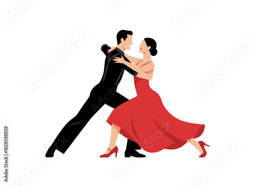 A stylishly dressed boy and girl dance salsa, showcasing a beautiful Latin American routine on stage, depicted in a flat cartoon vector illustration