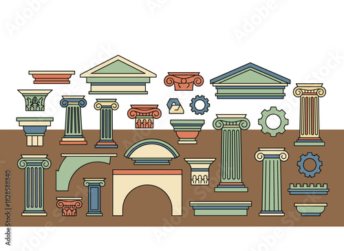 Set of antique Greek and Roman pillars, classic architectural elements and decorations, vintage-style columns, pedestals, and historic antiquity structures rendered as isolated vector illustrations