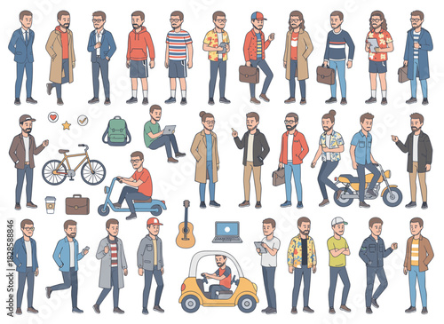 A Caucasian male builder or DIY kit, featuring a collection of male character body parts, hand gestures, and clothing isolated on a white background, shown from front, side, and back angles in a flat