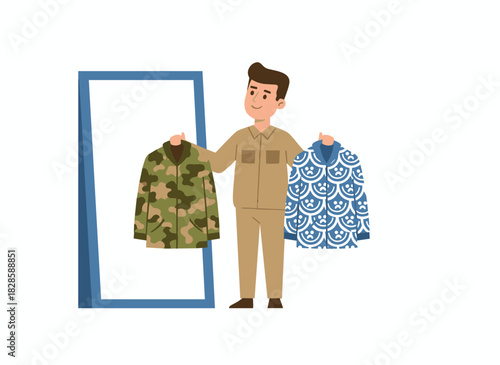 A fashionable young man selects an outfit, holding shirts, while a fashion stylist chooses what to wear, deciding on apparel in front of a mirror; a flat vector illustration on a white background