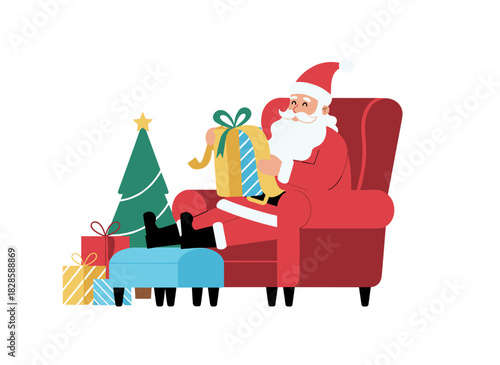 Santa Claus sits in a chair, reading his Christmas wish list, holding a long letter, depicted as a retro bearded figure in a flat vector illustration against a white background, celebrating both