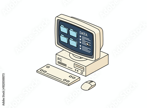 A vintage 1980s-style computer with an obsolete PC monitor and a nostalgic desktop, depicted as a flat vector illustration of a 1980s device icon, isolated on a white background