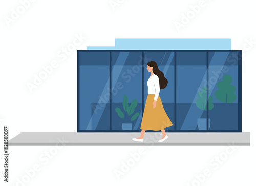 A cheerful young woman smiles as she walks to work along a city street, beginning her day as a clerk or office worker, depicted in a colorful flat cartoon vector illustration