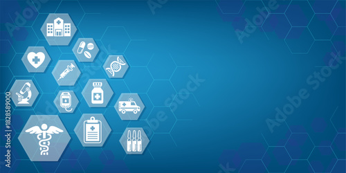 Medical background and healthcare abstract technology with flat icons. Design template of concept for hospital, health care business, innovation medicine, science. Vector illustration.
