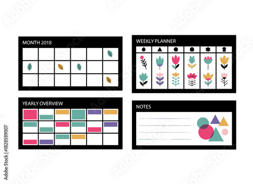 A 2018 calendar set, featuring month and weekly planner templates adorned with colorful dots, stains, blots, and paint traces on the background, offering a schedule or timetable for effective