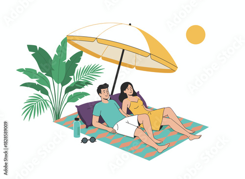 A relaxed couple, a chubby woman and man, sunbathing on a beach, smiling and lying under a parasol during a summer vacation, depicted in a cartoon flat illustration on a white background