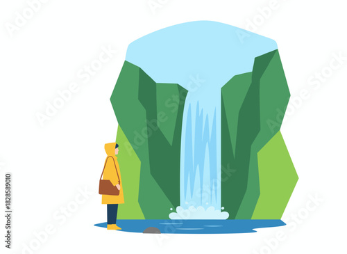 A person gazing at a tranquil waterfall, calm water and cliff scenery, enjoying peaceful nature, idyllic landscape, serenity during an outdoor adventure, hiking, travel, depicted as a flat vector