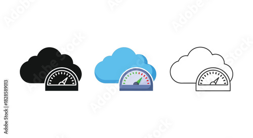 Set of three cloud speed test icons showing performance measurement in solid, color, and outline style