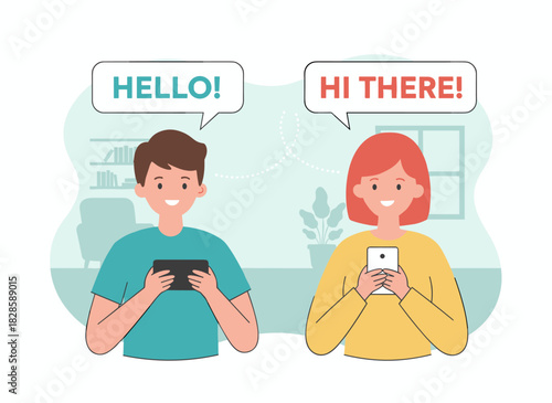 A couple texting online, using mobile phones for live chat, while friends communicate via smartphones, messenger, and social media in a flat vector illustration