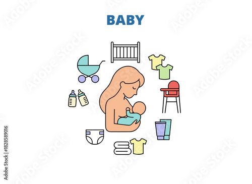 A maternity-themed horizontal banner featuring a mother and baby with various children's accessories, rendered as line art vector illustration