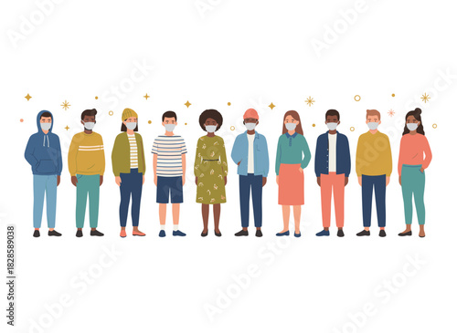 A group of men and women wearing protective masks, encircled by isolated bacteria, illustrating the spread of seasonal coronavirus infection in a flat vector style