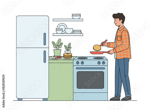 A man prepares pancakes in his kitchen at dawn, flipping crepes on a pan for breakfast, illustrating the homemade food preparation process in a flat vector style on a white background