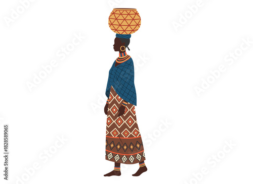 A young African tribal woman carries a basket on her head, wearing traditional attire, depicted in a vibrant flat vector illustration against a white background