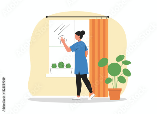 Illustration of a cheerful housewife wiping a window at home, depicted in flat vector style, with a cute woman happily doing chores, holding a rag and cleaning spray, set against a white background