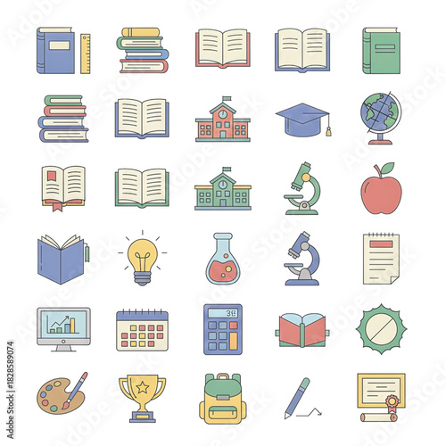 A collection of school and education-related icons, featuring books, a globe, a microscope, and artistic tools for learning