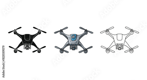 Set of three drone illustrations in black, colored, and outline versions