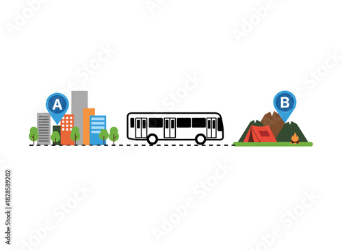 Horizontal banner depicting a bus traveling along a road from its departure point to a camping destination, illustrating a tourist transport service in line‑art vector style