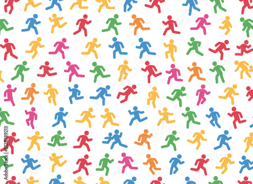 A seamless pattern featuring diverse runners and joggers engaged in sports and training, set against an endless background, with a repeating print of active people, rendered as a flat vector