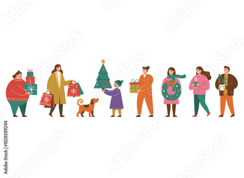 A group of men, women, and Santa, holding bags and presents, stand beside Christmas fir trees and gift boxes, preparing for the winter holidays at Christmas and New Year's Eve, depicted in a flat