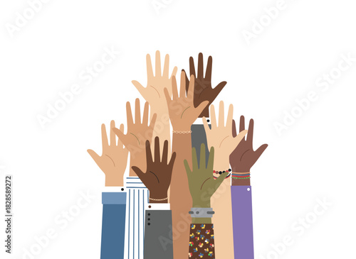 Raised clenched fists symbolize diverse hands united in the fight for human rights, with people raising their arms in a courageous, rebellious demonstration and strike, depicted as flat vector