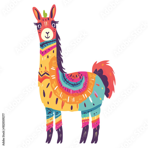 Cartoon colorful hand drawn funny lama vector flat illustration. Adorable domestic furry animal standing isolated on white background
