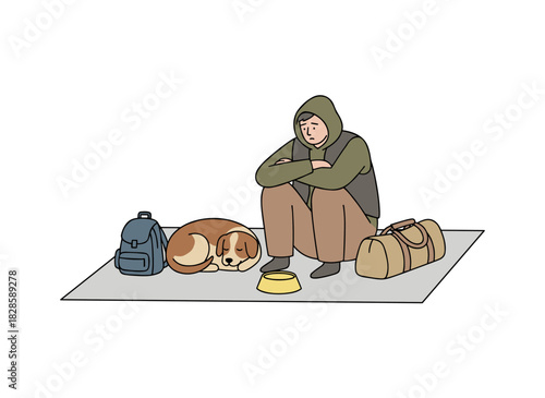 A sad homeless man in tattered clothing sits on a cardboard mat on the street, cradling a sleeping dog while pleading for money; the flat cartoon figure stands alone against a white backdrop in a