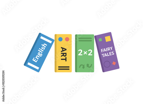A horizontal stack of brightly colored children's books, depicted as a flat cartoon vector illustration, featuring diverse educational and entertaining titles set against a white background