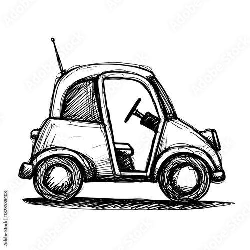 Cute cheerful new year child's vehicle isolated on white background. Black ink hand drawn symbol sketchy in art retro style pen on paper