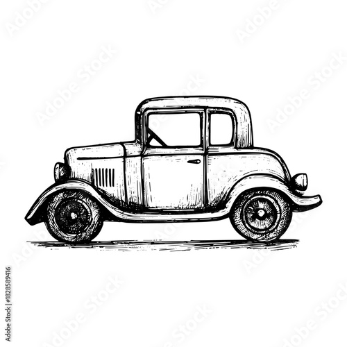 Cute cheerful new year child's vehicle isolated on white background. Black ink hand drawn symbol sketchy in art retro style pen on paper