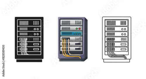 Set of three server rack icons in solid silhouette, detailed color, and outline drawing
