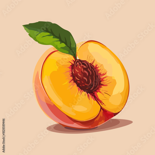 Flat Cartoon Half Cut Peach. Hand Drawn Fruit Illustration