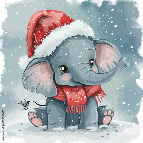 hand drawn cartoon elephant in snow gaggles and hat with scarf, vector.