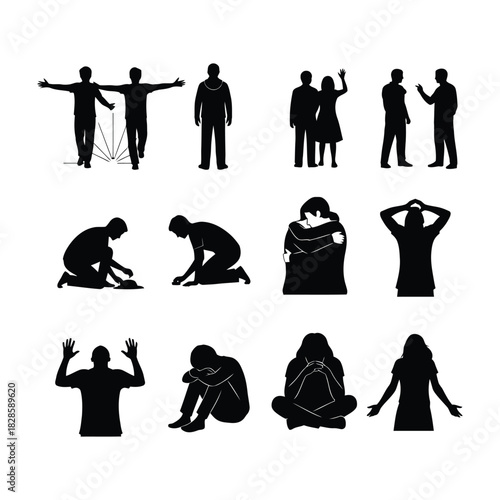 Diverse silhouette figures depicting human emotions and actions, offering a visual narrative for storytelling and communication