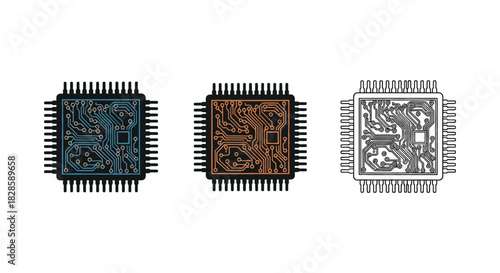Three microchip processor icons in blue, orange, and black variations