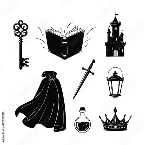 Illustrative storytelling elements Key, book, castle, cape, sword, lantern, potion, and crown – a collection for creative narratives. Enhancing visual storytelling for various design applications