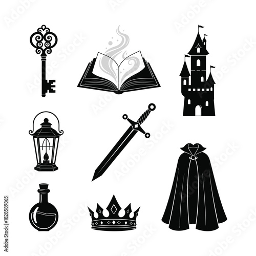 A set of black silhouette icons representing classic fantasy elements for magical storytelling, adventure tales, and role-playing games