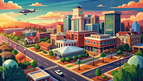 Very beautiful drone panorama of Main Street in Spartanburg, South Carolina, showing a clean, non-specific urban skyline with modern buildings, tree-lined streets, and warm evening light in a calm, 