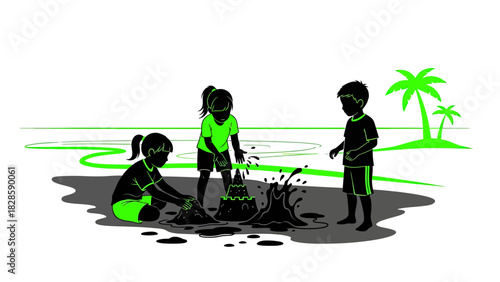 Children playing in the sand on a tropical beach with palm trees.