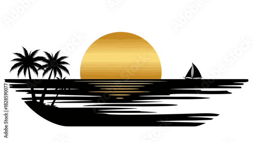 Golden Sunset Over Ocean with Palm Trees and Sailboat Silhouette.