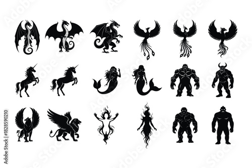 Collection of mythical creatures silhouette icons for storytelling, encompassing dragons, phoenixes, mermaids, and other fantastical beings for creative projects