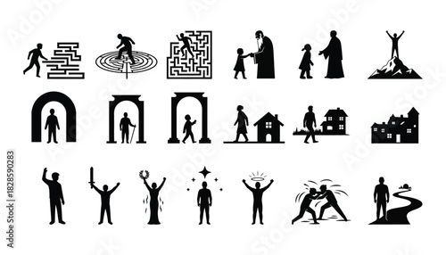 A compelling collection of human experiences and life journeys depicted through intricate silhouettes, ideal for visual storytelling, symbolizing growth, challenges, and achievement