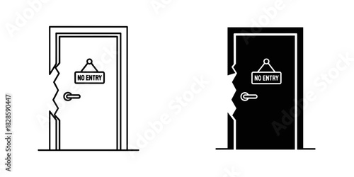 Don't enter this broken door with a no entry sign, a warning for danger and unsafe conditions
