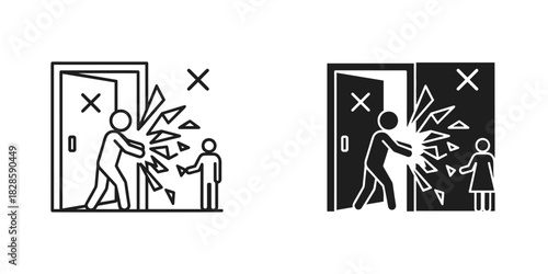 Icon of forceful entry into a space with a child present, representing domestic violence and potential danger