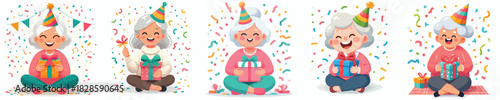 vector of a granmother sit holding new year gift