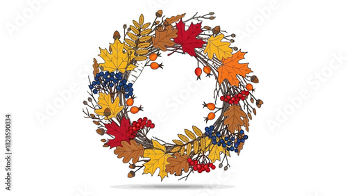 A vibrant circular wreath composed of various autumn leaves, berries, and branches, showcasing seasonal beauty.